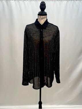 Sheer Black Button-Up Shirt with Vertical Rhinestone Stripes
